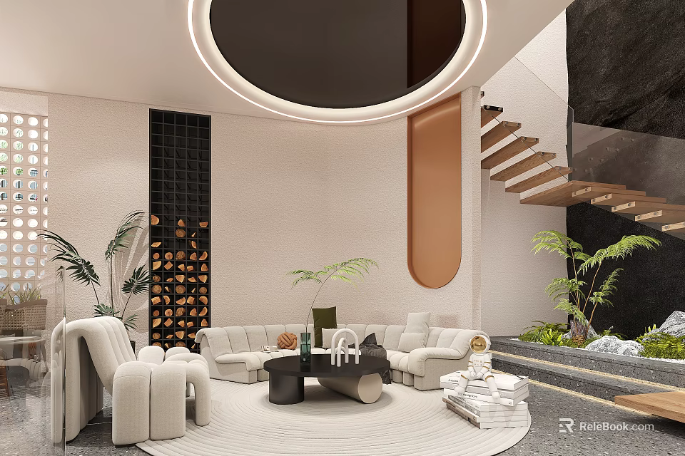 Hotel Public Lounge Area With Modern Design Plush Sofas Round Rug Coffee Tables Green Plants Decorative Wall 3d model 