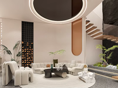Hotel Public Lounge Area With Modern Design Plush Sofas Round Rug Coffee Tables Green Plants Decorative Wall 3d model