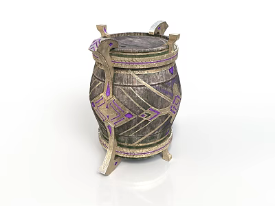 Decorative Barrel with Intricate Metal Accents and Purple Patterns on Ornate Feet Base 3d model