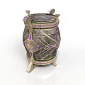 Decorative Barrel with Intricate Metal Accents and Purple Patterns on Ornate Feet Base