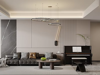 Modern Living Dining Room With Black Sofa Round Coffee Table Piano And Ring Pendant Lights 3d model