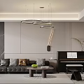 Modern Living Dining Room With Black Sofa Round Coffee Table Piano And Ring Pendant Lights