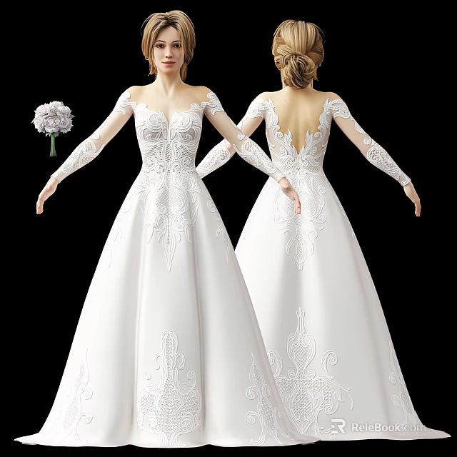Woman Wearing Elegant White Lace Wedding Dress With Backless Design And Long Sleeves 3d model 