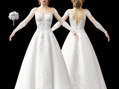 Woman Wearing Elegant White Lace Wedding Dress With Backless Design And Long Sleeves 3d model