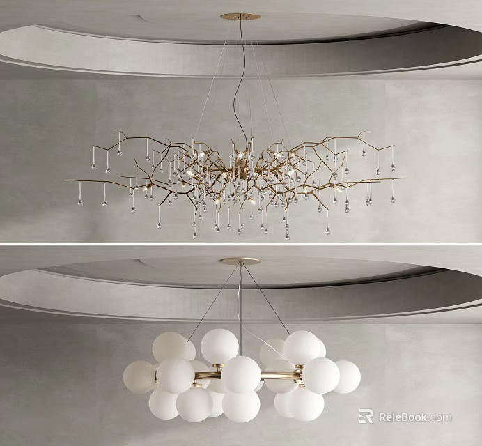 Stylish Chandelier Designs Featuring Gold Frame Crystal Drops and White Globe Shades 3d model 