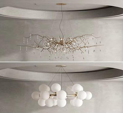 Stylish Chandelier Designs Featuring Gold Frame Crystal Drops and White Globe Shades 3d model