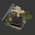 Cartoon Scene Featuring Charming House with Dark Roof Chimney Surrounded by Green Trees and Lawn