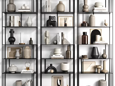 Modern Shelving Unit With Decorative Vases Books Sculptures And Photo Frames 3d model