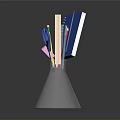 Stationery Organizer Glass Cone Shaped Container Holding Blue Notebook Colored Pencils Scissors And Pencils
