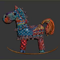 Colorful Woven Rocking Horse With Vibrant Tassels And Wooden Rocker Design