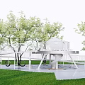 Modern Playground Equipment With Circular Walkway And Spherical Structure On Green Lawn And Trees