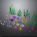 Colorful Marine Plants And Corals With Green Seaweed Pink Purple Blue Yellow On Black Background