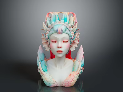 Intricate Woman Sculpture With Colorful Pastel Headpiece And Artistic Fantasy Upper Body 3d model