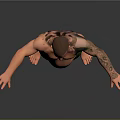 Shirtless Bald Man With Tattoos Wearing Green Shorts Standing With Arms Outstretched Against Gray Background