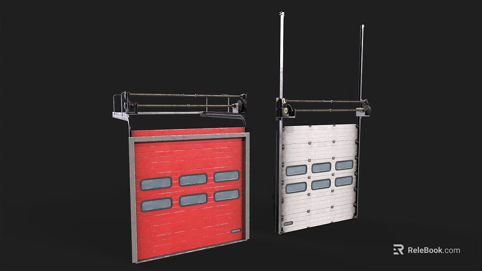 Industrial Style Garage Doors With Metal Frames Windows And Red White Colors 3d model 