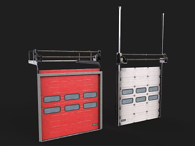 Industrial Style Garage Doors With Metal Frames Windows And Red White Colors 3d model