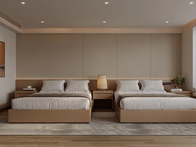 Modern Neutral Bedroom Interior With Double Beds Wall Panels Table Lamps And Area Rug 3d model