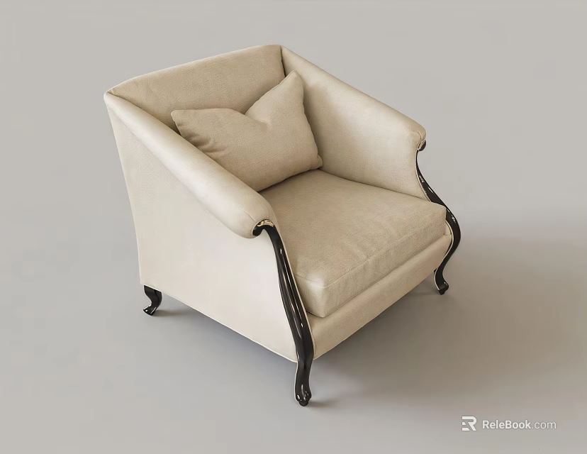 Elegant Beige Accent Chair With Black Wooden Legs And Matching Cushion 3d model 