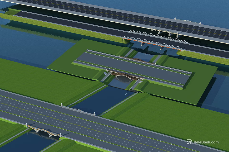 3D Bridge Model with Road Green Area Water and Landscape Design Layout 3d model 