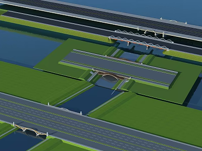 3D Bridge Model with Road Green Area Water and Landscape Design Layout 3d model