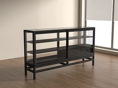 Black Glass Door Display Cabinet With Shelves And Drawers In Wooden Floor Room 3d model