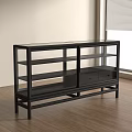 Black Glass Door Display Cabinet With Shelves And Drawers In Wooden Floor Room
