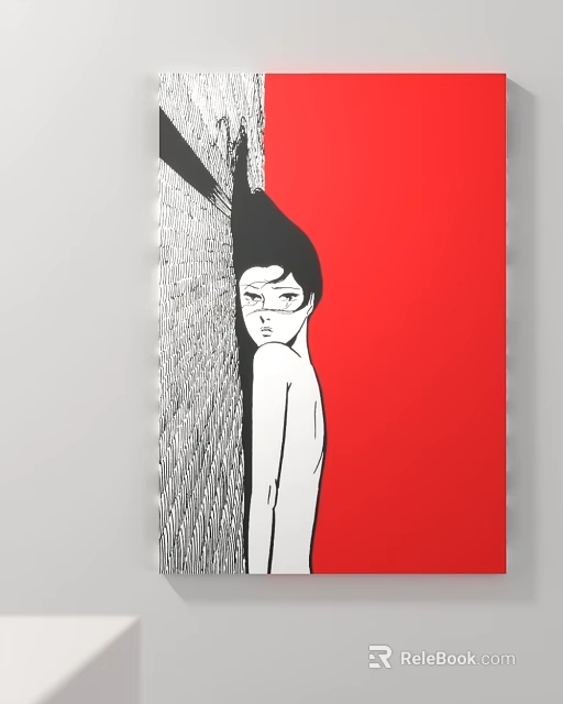 Black and White Line Art Female Figure With Red Background And Gray Textured Pattern 3d model 
