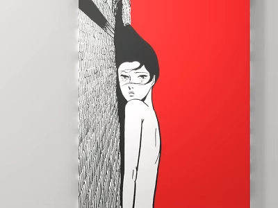 Black and White Line Art Female Figure With Red Background And Gray Textured Pattern 3d model