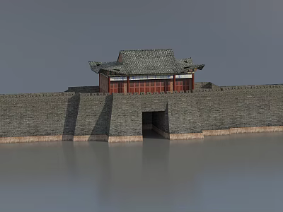 Ancient Architecture Featuring Traditional City Wall And Pagoda Style Roof Reflection On Water 3d model