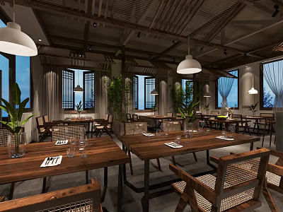 Rustic Restaurant Interior With Wooden Tables Wicker Chairs Green Plants And Hanging Lamps 3d model
