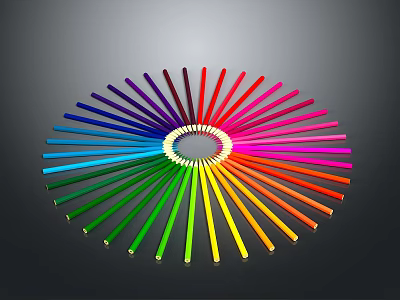 Vibrant Colored Pencils in Circular Gradient Arrangement on Black Background 3d model