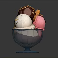 Three Scoops Ice Cream In Blue Bowl With Chocolate Sauce Nuts And Cookie Stick