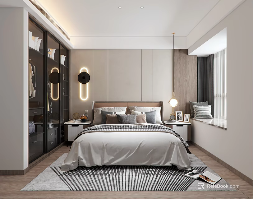 Modern Bedroom Interior With Glass Wardrobe Gray Bedding Striped Carpet And Wall Lighting 3d model 
