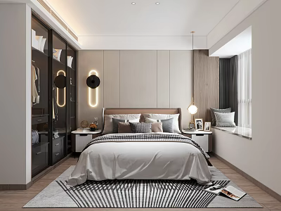 Modern Bedroom Interior With Glass Wardrobe Gray Bedding Striped Carpet And Wall Lighting 3d model