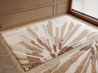 Square Carpet With Beige Brown Leaf Pattern And Tassel Edges On Wooden Floor 3d model