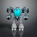 Game Movie Character Robot with Blue Core Mechanical Arms Futuristic Metallic Design and White Legs