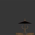 Outdoor Scene Component With Red Umbrella And Wooden Trays On Metal Stand
