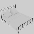 Black Metal Frame Double Bed with White Plaid Sheets and Pillows
