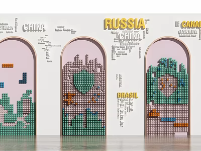 Artistic Background Wall With Arched Doorways And Country Names Collage Design 3d model