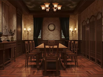 Vintage Classic Dining Room Interior With Wooden Long Table Chairs Chandelier Clock And Wall Lamps 3d model