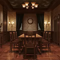 Vintage Classic Dining Room Interior With Wooden Long Table Chairs Chandelier Clock And Wall Lamps