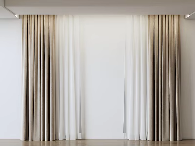 Modern Beige And White Floor Length Curtains With Sheer Layers In Living Room 3d model