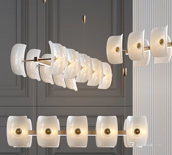 Modern Linear Chandelier With White Petal Shades And Gold Metal Accents For Interior Design 3d model 