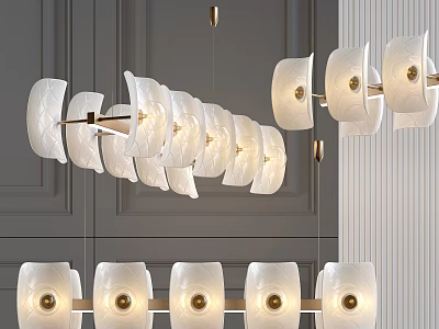 Modern Linear Chandelier With White Petal Shades And Gold Metal Accents For Interior Design 3d model
