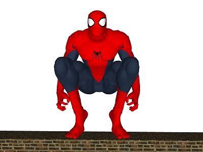 Spider Man with White Eyes in Red and Blue Costume Crouching on Brick Wall 3d model