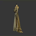 Man Wearing Cream Colored Patterned Long Dress With Red Belt And Ruffled Hem