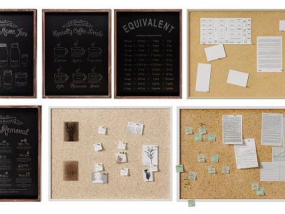 Different Style Wall Hangings Featuring Chalkboard And Cork Board With Notes And Decorations 3d model