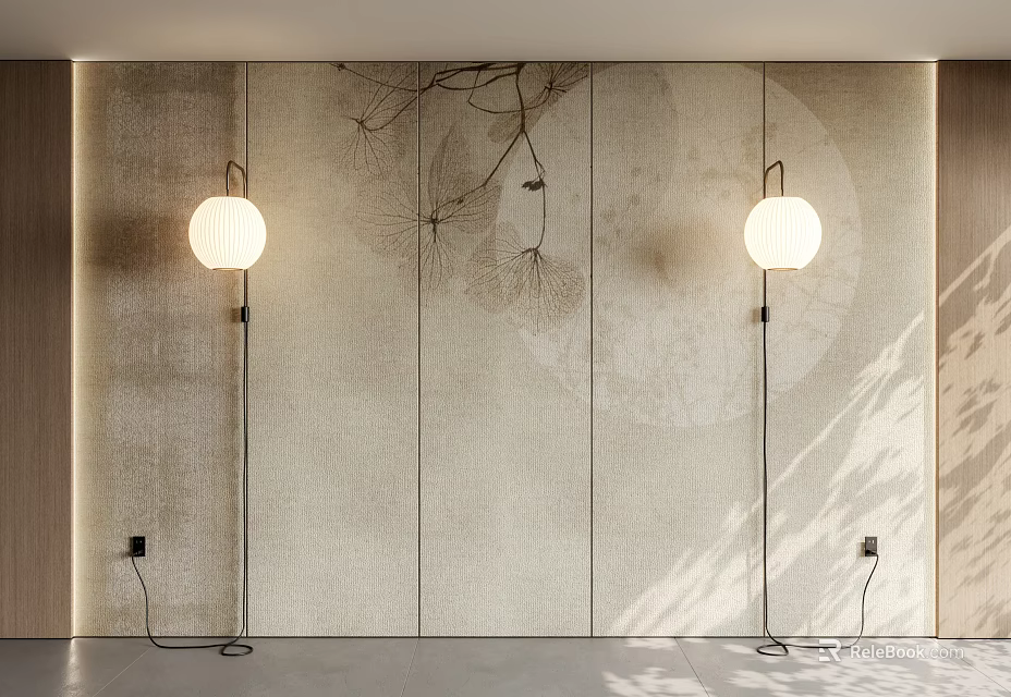 Modern Minimalist Bedroom Accent Wall With Textured Panels Floor Lamps And Branch Decor 3d model 