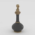Medical Device Black Bottle Featuring Skull Shaped Lid And Gold Accents