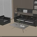 Modern Black Leather Sofa Coffee Table Set with Armchair Glass Top and Bookshelf in Interior